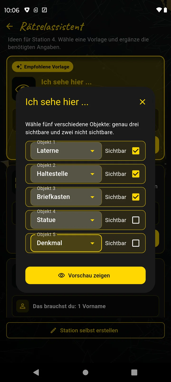 Rätselassistent mit fünf ausgewählten Objekten und sichtbarer Markierung