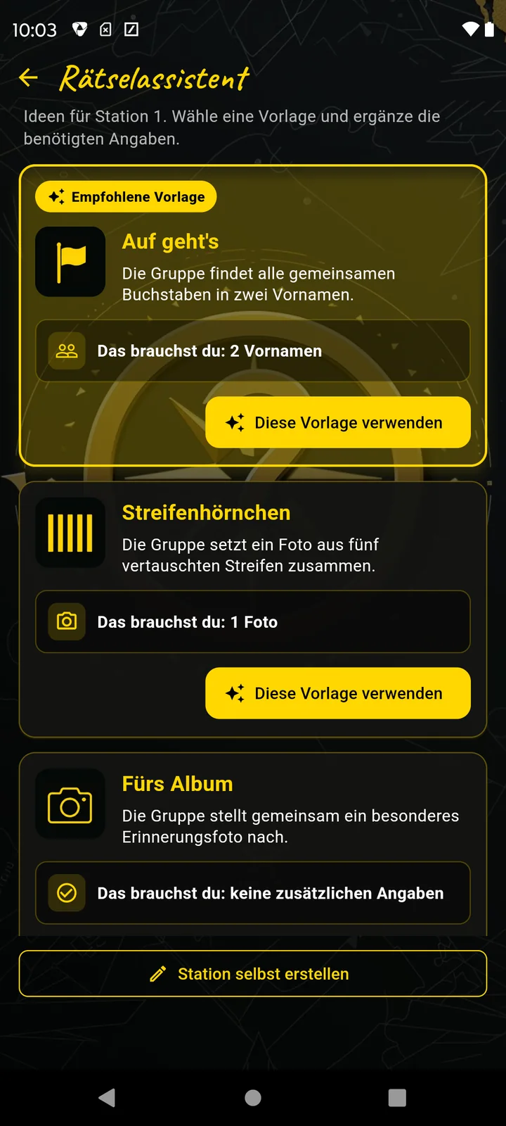 Rätselassistent mit der empfohlenen JGA-Vorlage Auf geht's