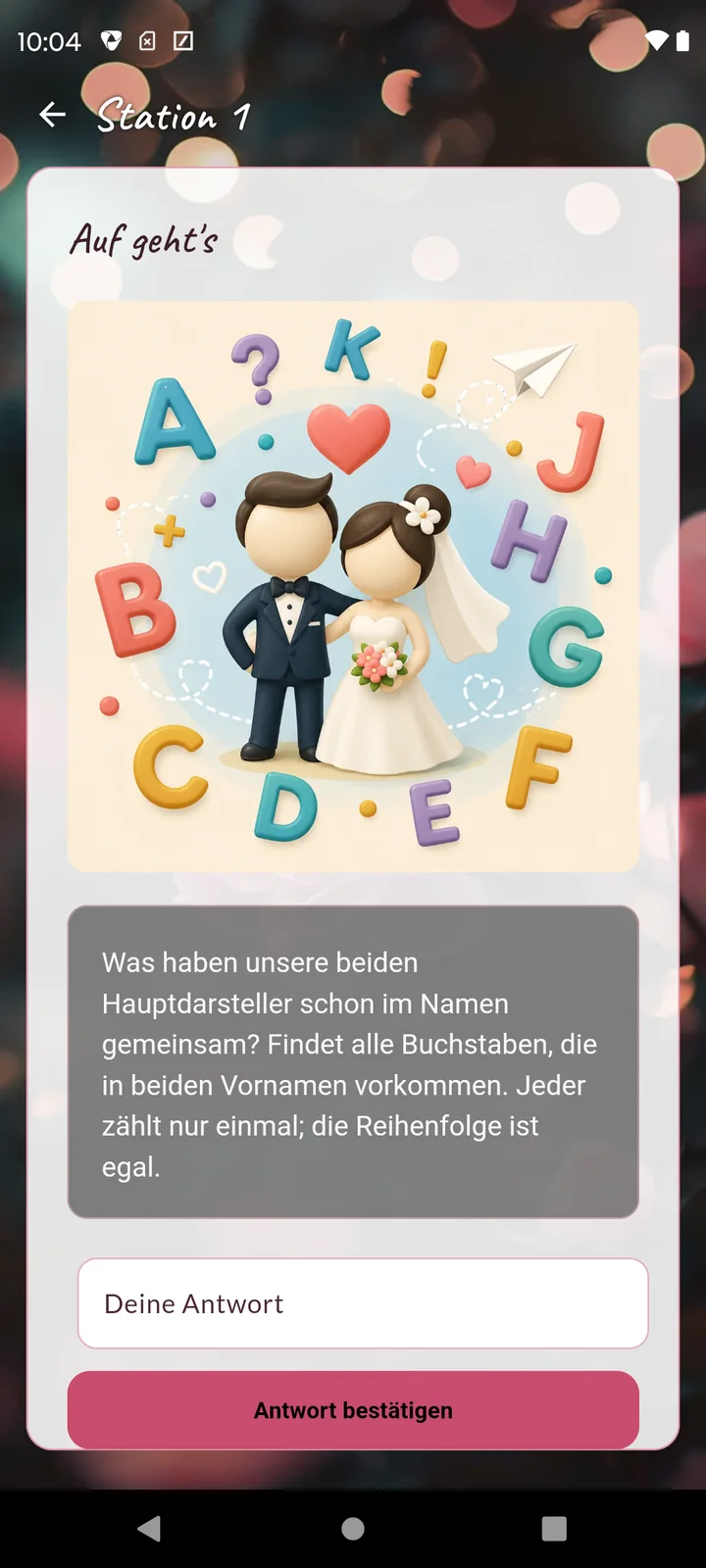 JGA-Spieleransicht der Aufgabe mit gemeinsamen Buchstaben