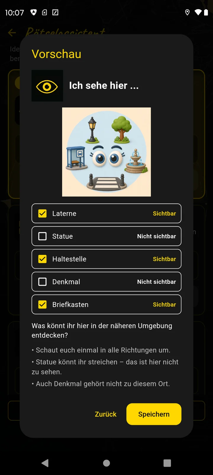 Vorschau der JGA-Station Ich sehe hier mit fünf Objekten