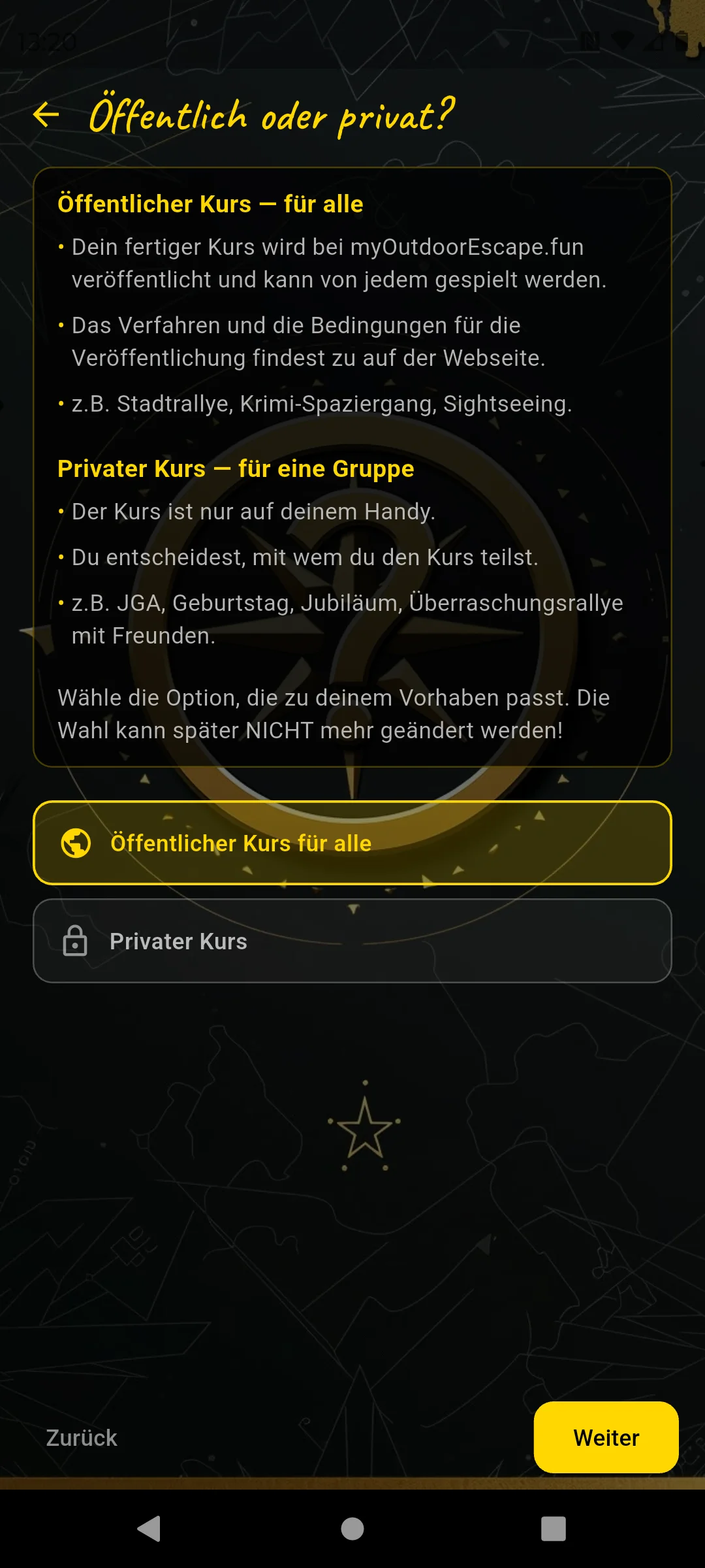 Öffentlich oder privat — Kurstyp wählen