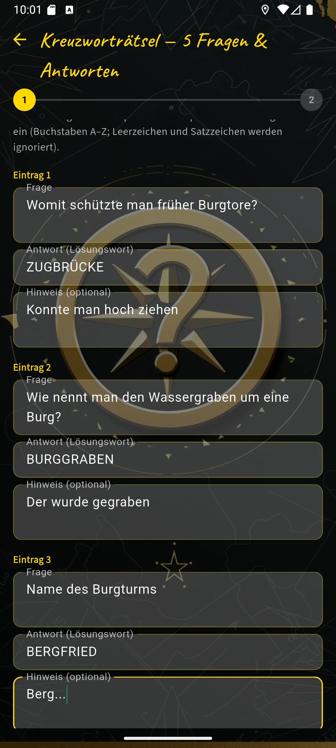 Kreuzworträtsel Fragen im Editor