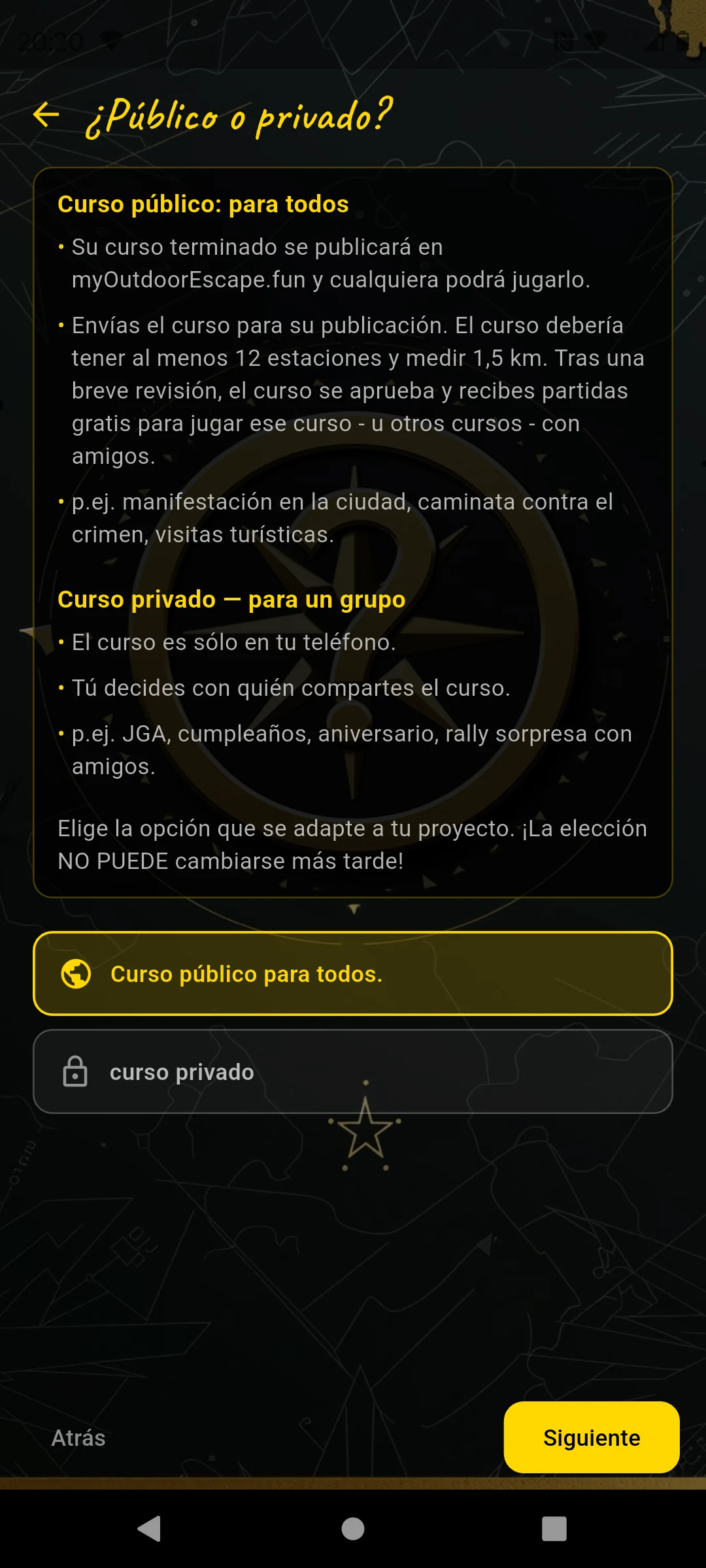 Público o privado — elegir tipo de curso