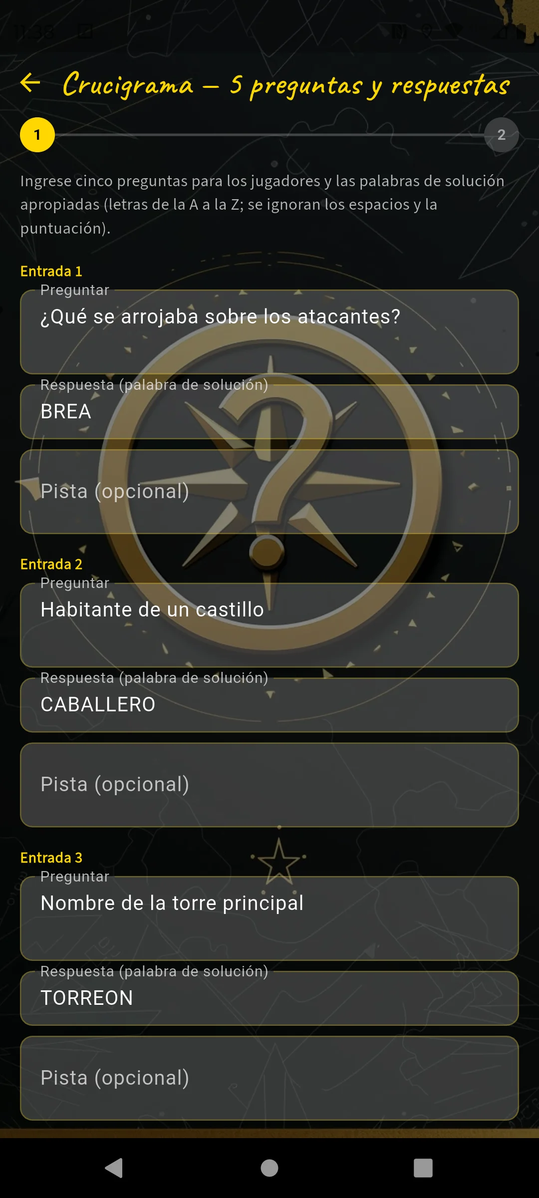 Crucigrama — introducir 5 preguntas