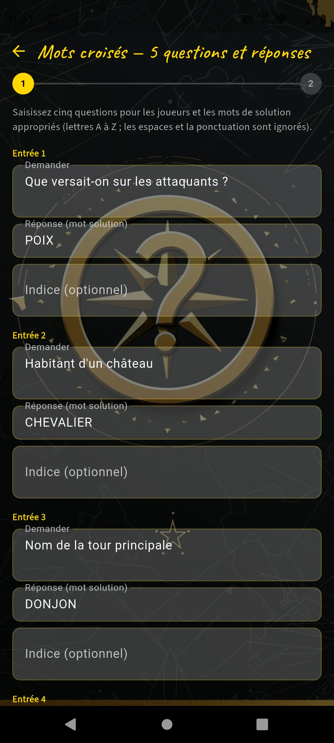 Mots croisés — saisir 5 questions