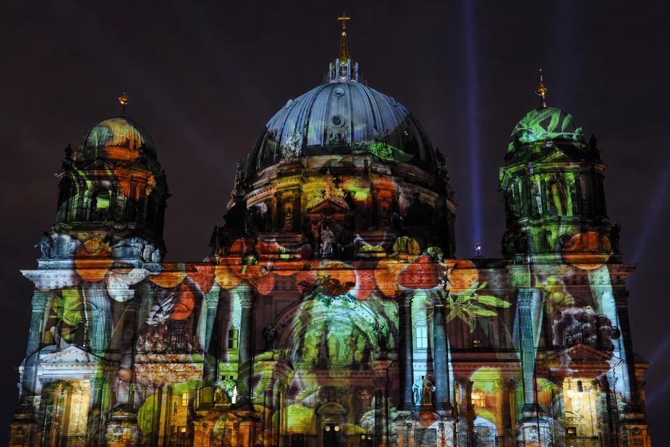 Berlin Cathedral with a colourful light projection during the Festival of Lights 2008