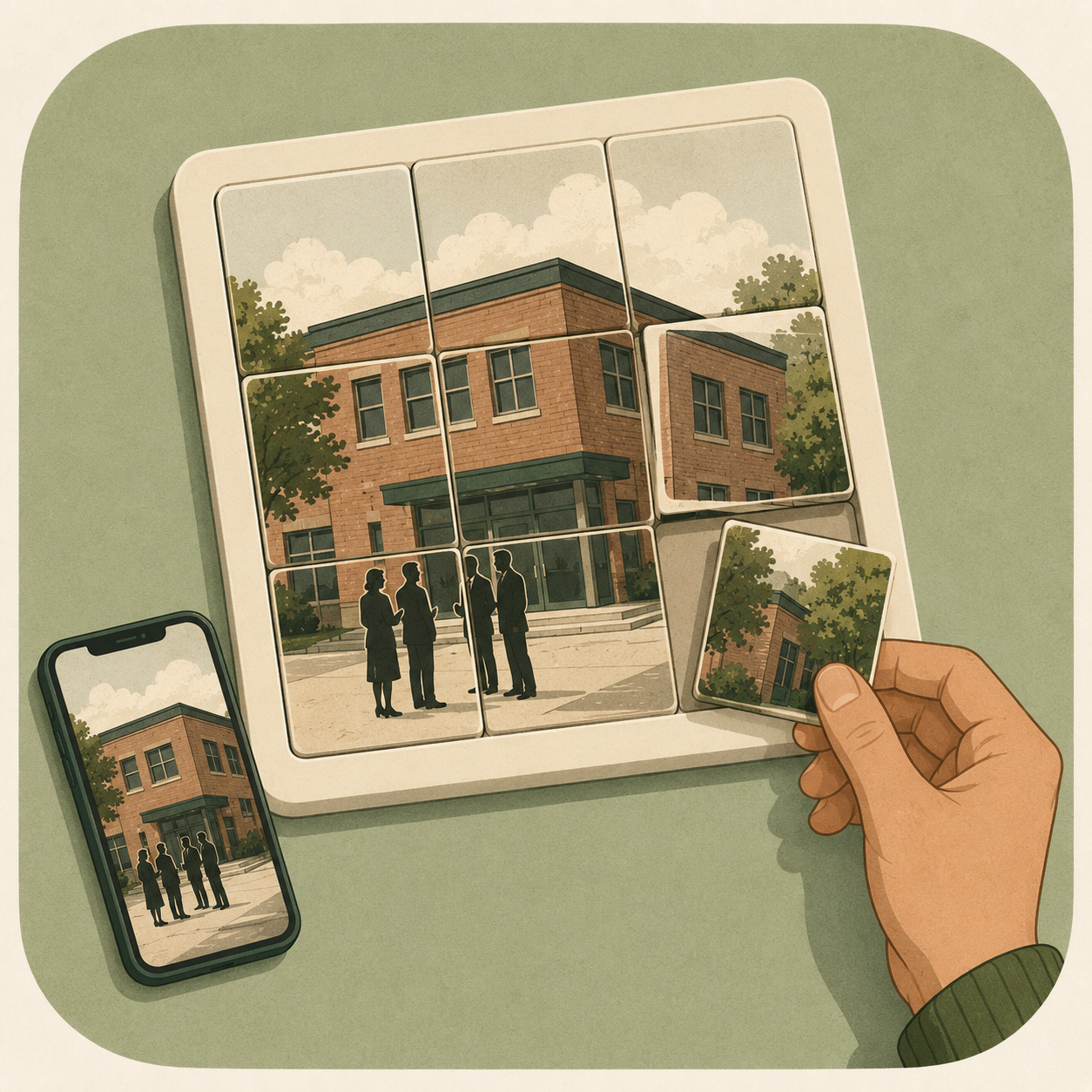 A company photograph is assembled as a visual puzzle.