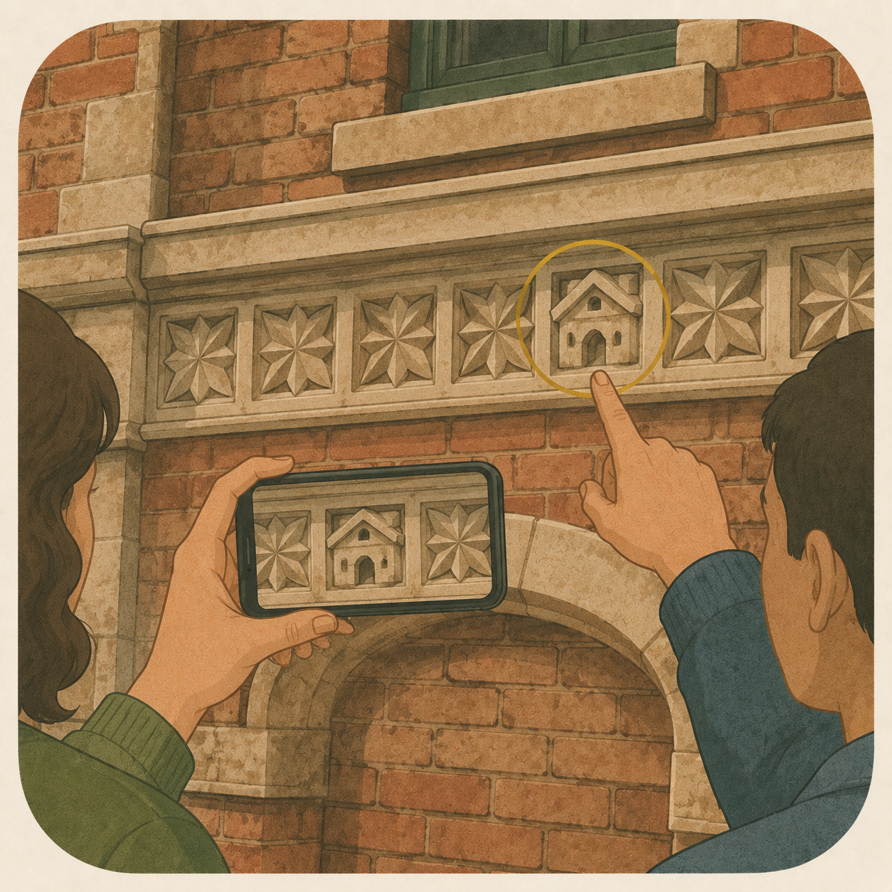 A team compares a building detail with an image on a smartphone.