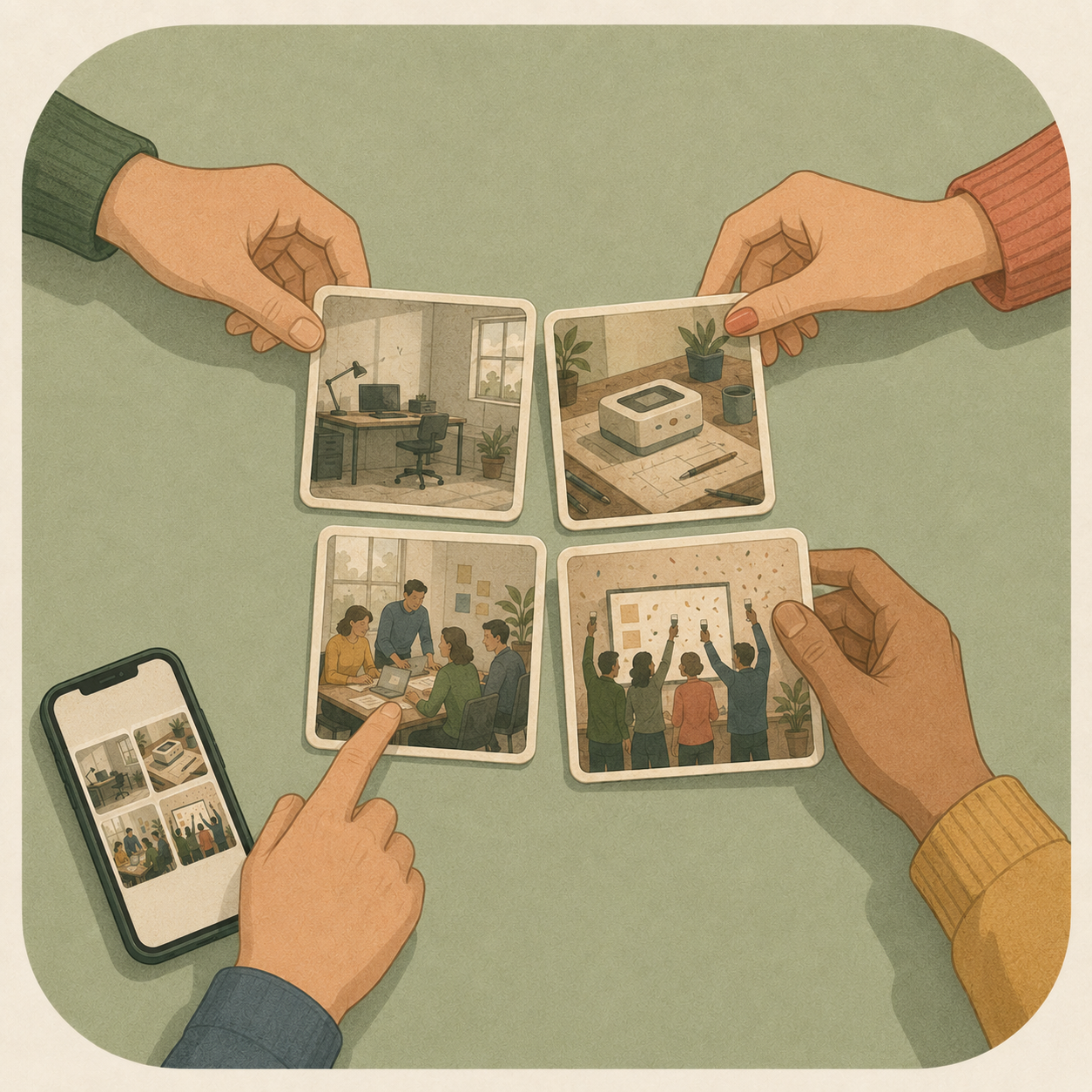Several people arrange image cards featuring products, projects and team photographs.